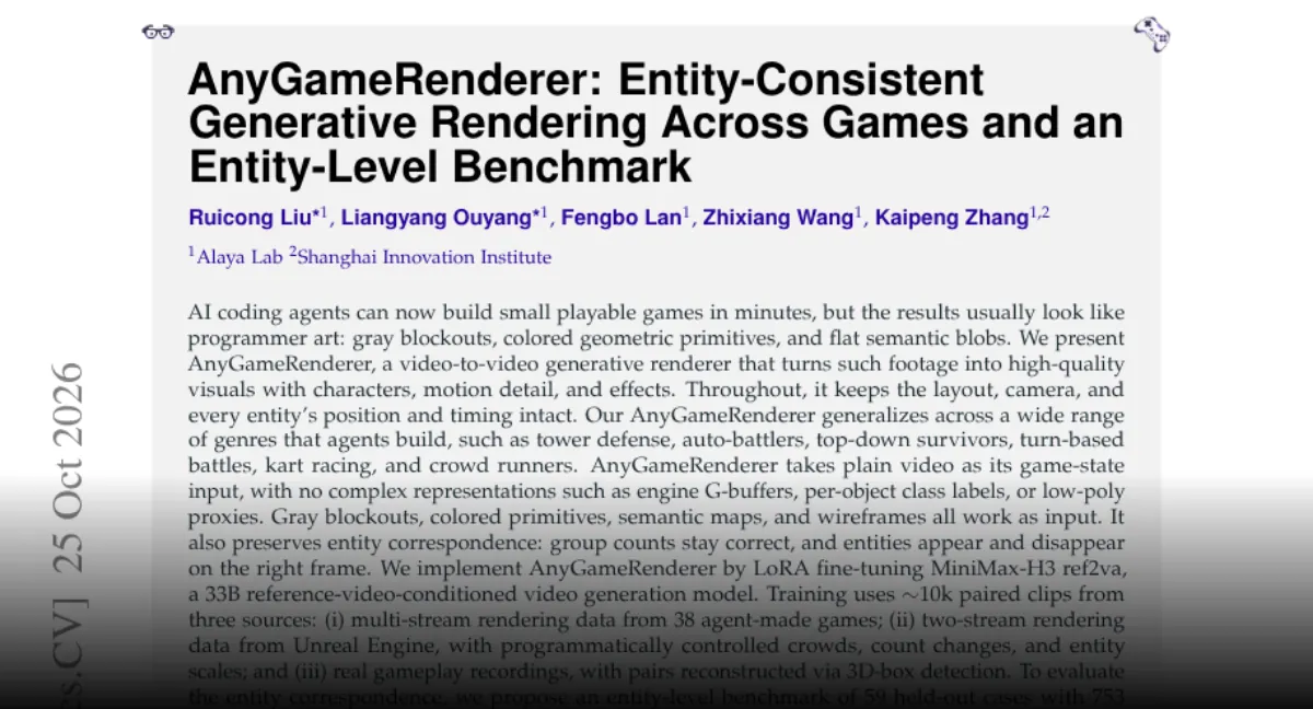 AnyGameRenderer model repaints gray-box gameplay footage into polished visuals
